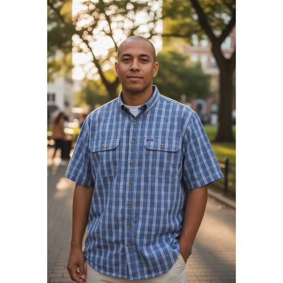 L.L.Bean Men’s CoolMax Short-Sleeve Fishing Shirt XL Regular – Blue Plaid Vented - Picture 6 of 6